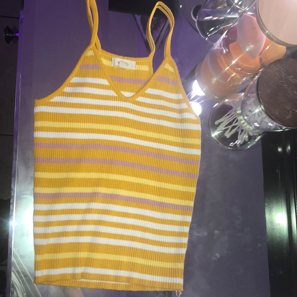 yellow crop top w white, nude and purple stripes